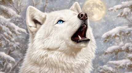Obraz premium A large, white wolf howls at a full moon in a snowy forest. Detailed fur texture, mystical atmosphere, and blue eyes. Snowy trees surround the animal