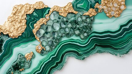 Green and gold marble wall with gold leaf accents and dramatic swirling patterns in a contemporary interior design setting