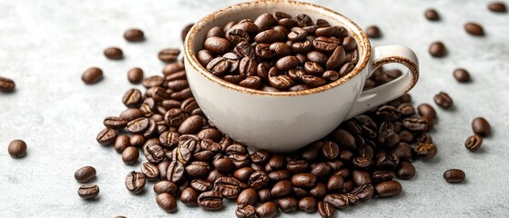 Fototapeta premium Coffee beans in cup on gray surface, spilled beans, background