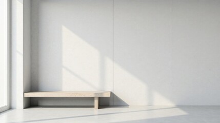 Minimalist interior scene featuring a simple wooden bench positioned against a pristine white wall bathed in sunlight