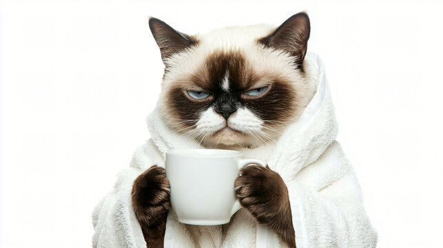 Grumpy Cat in Bathrobe: A grumpy-looking cat, wrapped in a fluffy white bathrobe, holds a mug, conveying a sense of morning displeasure or general feline disdain.  The image is humorous and relatable.