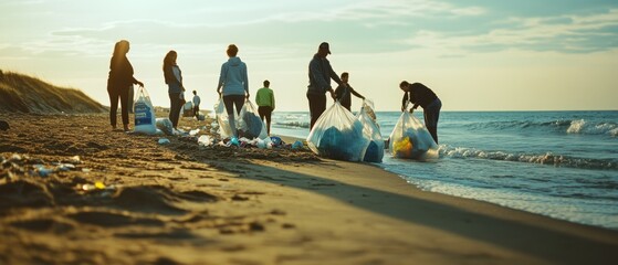 Volunteers collect trash along a tranquil beach, united in a shared mission of environmental stewardship against a peaceful seascape.