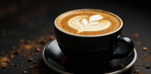 Rich espresso and creamy foam on a dark background with swirling clouds of coffee, dark galaxy, latte macchiato, liquid