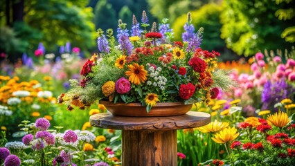 Naklejka premium Colorful wildflowers blooming on a wooden pedestal amidst lush greenery, surrounded by vibrant foliage , botanical garden, greenery