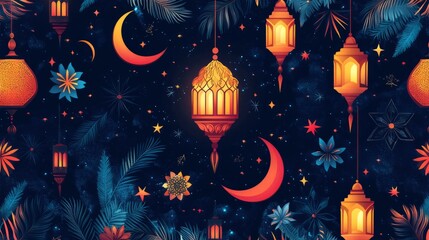 A modern and vibrant seamless Eid Mubarak pattern with vector illustrations of Islamic festival symbols like crescent moons, dates, and Arabic lanterns