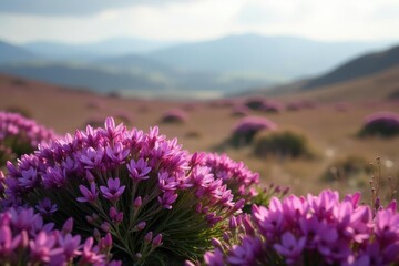 Obraz premium Soft purple flowers blooming on heather moorland, heather,