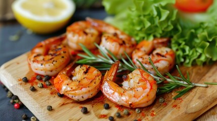 Delicious salad grilled shrimp seafood with lettuce vegetable on wooden cutting board. AI generated
