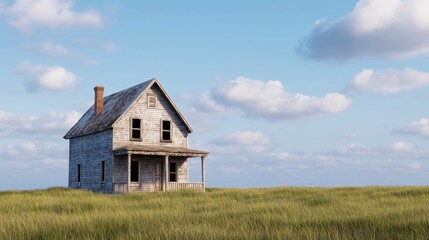 Abandoned farmhouse surrounded by tall grass under a blue sky with fluffy clouds in the background