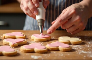 Close-up of a hand using a piping bag to apply pink icing on a heart-shaped cookie, Valentine's Day baking workshop theme