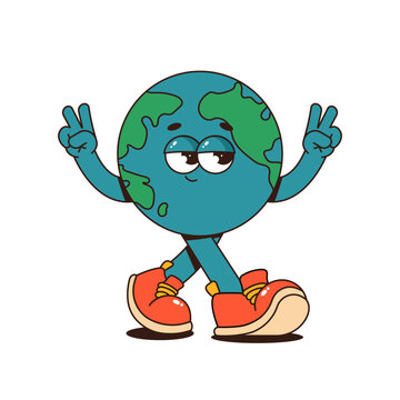 Retro groovy planet Earth character. Funky globe sticker with psychedelic face. Earth day, World Environment Day. Vector illustration on transparent background