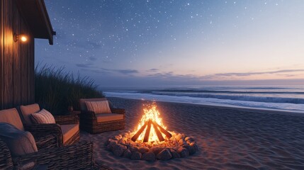A serene beach scene at dusk, featuring a cozy campfire near the ocean, with comfortable seating and a starry sky overhead.