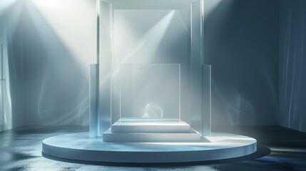 Geometric square transparent glass podium product display on dark background. AI generated image