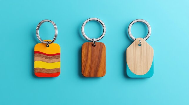 Colorful wooden keychains on blue background