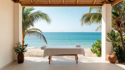 Fototapeta premium A serene beachside spa setup featuring a massage table, palm trees, and a stunning ocean view, ideal for relaxation and wellness.