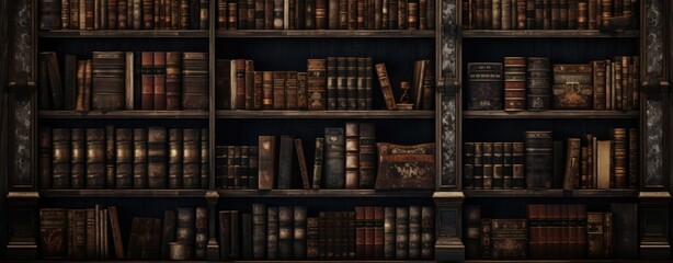 The wall full shelf of ancient books and manuscripts in library room vintage style. AI generated