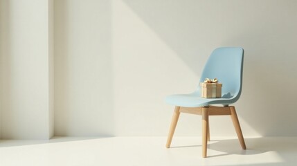 A thoughtfully presented gift rests on a light blue chair in a sunlit room, symbolizing anticipation and joy