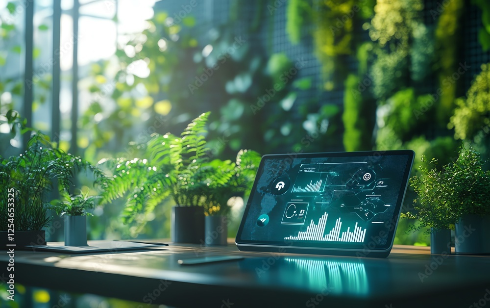 Poster Modern office desk with a futuristic tablet projecting ESG icons in holographic style