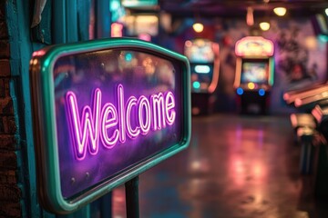 Neon welcome sign in vibrant arcade setting, inviting atmosphere.