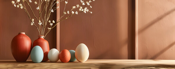 Easter still life. Pink hyacinth in a pot and Easter eggs in a nest on a white background