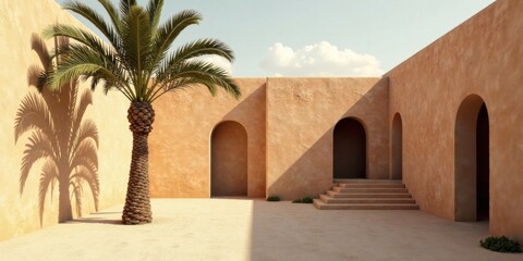 Serene Courtyard with Palm Tree and Archways A Minimalist Architectural Scene Depicting Tranquility and Warmth