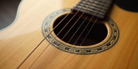 Obraz premium Close-up view of an acoustic guitar showcasing intricate details on the soundhole and strings