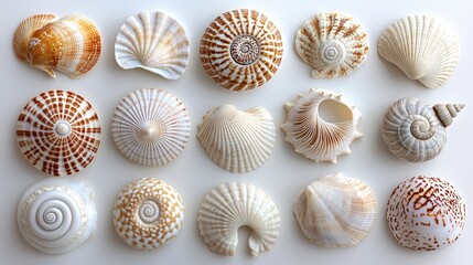 Collection of various beautifully patterned seashells arranged on a white background showcasing nature's art