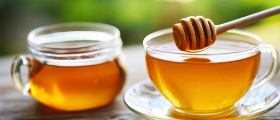 A clear glass cup filled with golden tea sits alongside a small jar and honey dipper, creating an inviting tableau of morning freshness and sweetness.