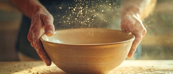 A baker's hands gently cradle a bowl, with flour dust creating a magical, ethereal atmosphere in soft, warm light.