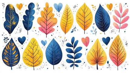 Colorful and artistic illustration of various leaves and hearts on a white background, ideal for design use