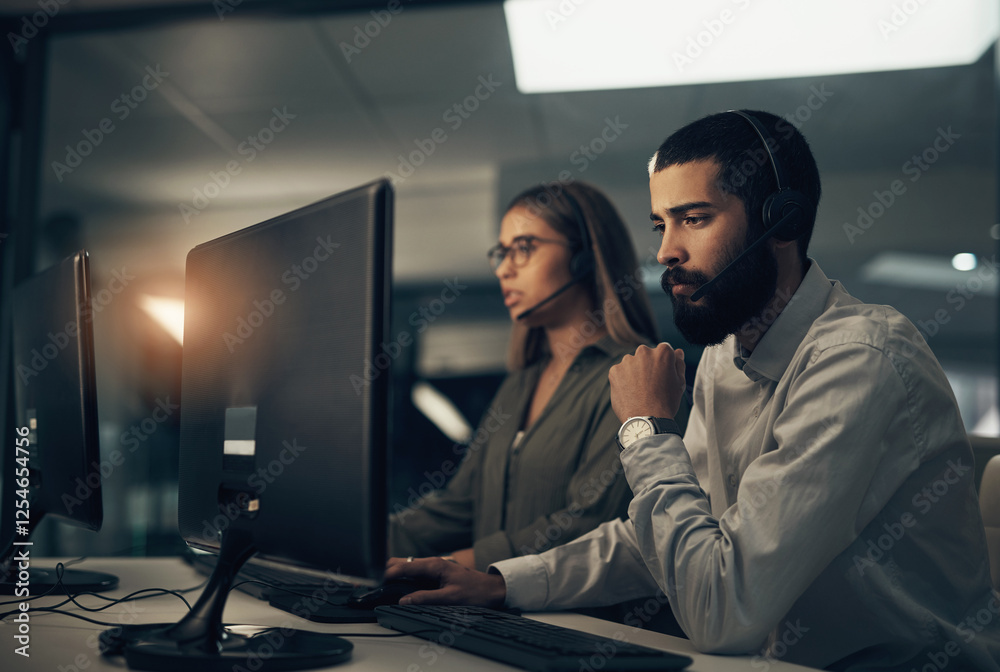 Aufkleber Night, man and woman in call center with computer, coworking space and teamwork at help desk. Virtual assistant, consultant or customer service agent with headset, online support or advice in office
