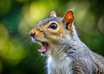 Obraz premium Adorable Grey Squirrel Yawning Widely - Close Up Wildlife Stock Photo
