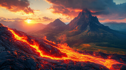 Fototapeta premium A dramatic landscape capturing fiery volcanic lava rocks flowing at sunset, symbolizing chaos and raw natural power, with blurred tones and empty space for potential captions.