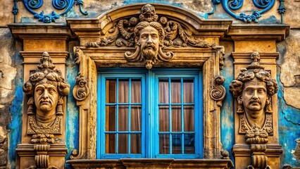 Obraz premium Aged Building Facade, Blue Window, Architectural Bas-Relief Detail - Stock Photo