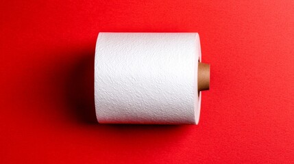 Obraz premium White paper towel roll on red background with simple design highlighting texture and minimalism