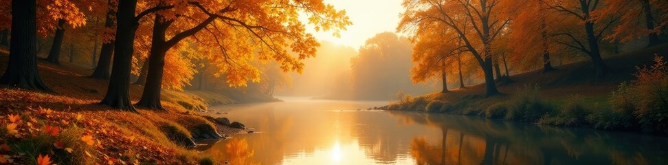 Fototapeta premium Warm sunlight filters through golden autumn leaves on riverbank trees, natural, landscape, tree