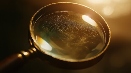 A close-up of a vintage magnifying glass reflecting warm light, suggesting intrigue and exploration.