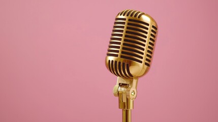 Fototapeta premium A vintage gold microphone stands against a soft pink background, showcasing its retro design and elegance.