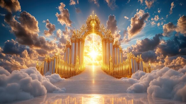 Glory of Heaven: Stairway to Paradise through Golden Gates, Meeting God, Symbolizing Christianity, and Floating in the Sky - Powered by Adobe