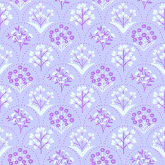 Vintage-inspired seamless botanical design featuring intricate flowers in shades of purple and lilac tones. Perfect for textile prints, wallpaper, stationery, and elegant home decor.