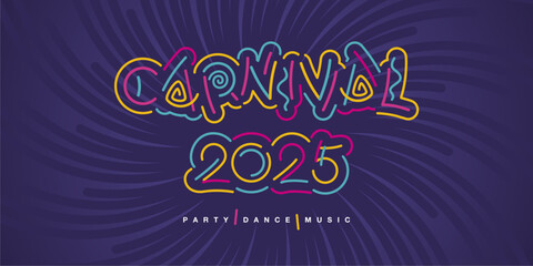 Carnival 2025 new colorful handwriten line design typography. Carnival logo title on purple background