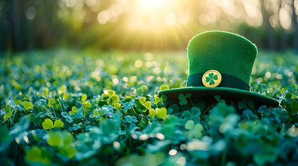 Leprechaun hat in clover field, sunset. Holiday celebration