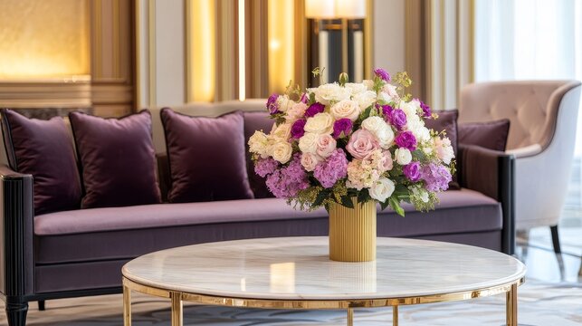 Elegant floral arrangement on a stylish coffee table in a luxurious hotel lobby with soft lighting