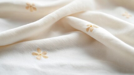 A soft, cream-colored fabric with delicate golden floral embroidery, showcasing a gentle drape and texture.