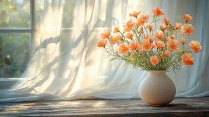 Peachy Flowers in Vase by Window