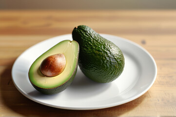 Ripe avocado on a white plate, placed on a rustic wooden table, healthy eating concept