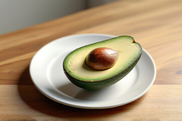 Ripe avocado on a white plate, placed on a rustic wooden table, healthy eating concept