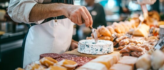 A vendor delicately slices into a luxurious round of blue cheese amidst an inviting display of gourmet delights at an artisan market.