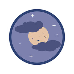 Isolated cartoon illustration of the moon partially covered by clouds
