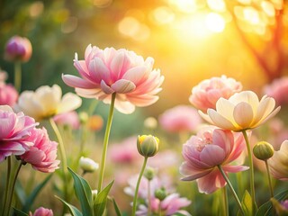 Obraz premium Dreamy Minimalist Garden: Blooming Flowers, Soft Light