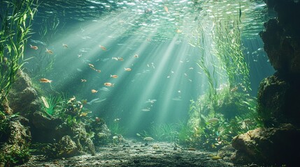 Obraz premium Serene underwater scene with sunlight filtering through water and fish swimming in natural habitat